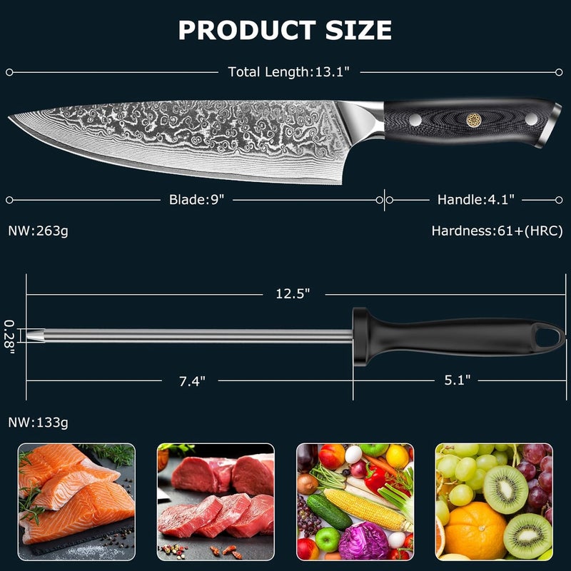 MOSFiATA Chef Knife 8 Inch, Damascus Kitchen Knife,Ultra Sharp Chef's Knives with 67-Layer Damascus Steel VG-10 Blade,Knife Sharpener Rod Gift Box - Image 5